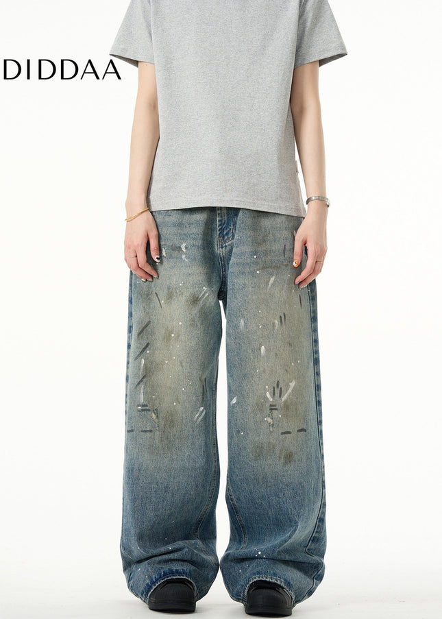 Blue Distressed Tie-Dye Loose Straight Jeans - Men’s Jeans