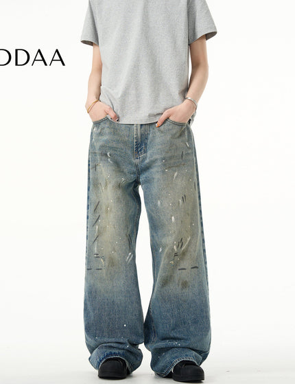 Blue Distressed Tie-Dye Loose Straight Jeans - S / Mid Blue - Men’s Jeans