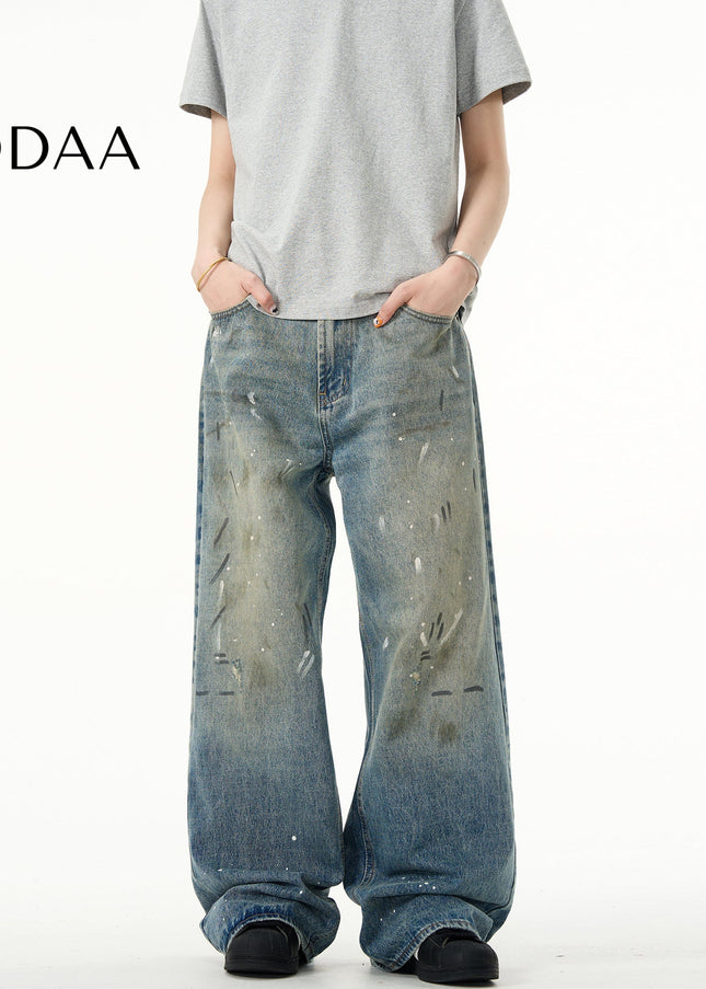 Blue Distressed Tie-Dye Loose Straight Jeans - S / Mid Blue - Men’s Jeans