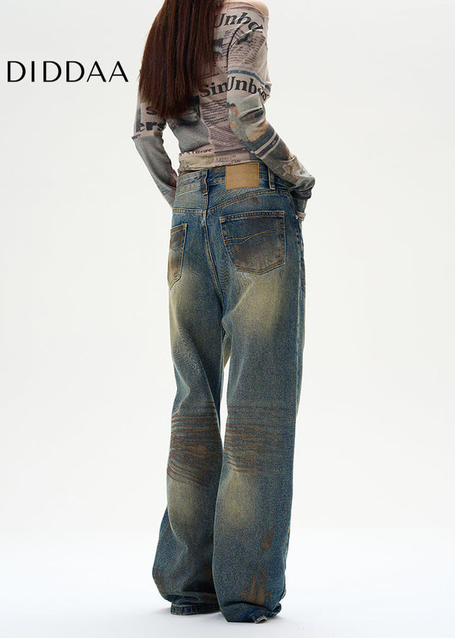 Blue Distressed Tie-Dye Straight Leg Jeans - Women’s Jeans