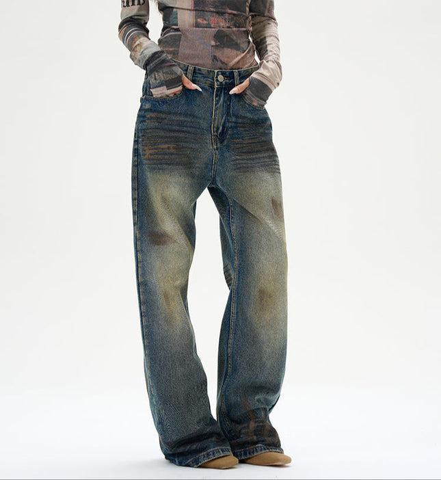 Blue Distressed Tie-Dye Straight Leg Jeans - Women’s Jeans
