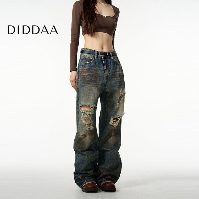Blue Distressed Tie-Dye Straight Leg Jeans - Women’s Jeans