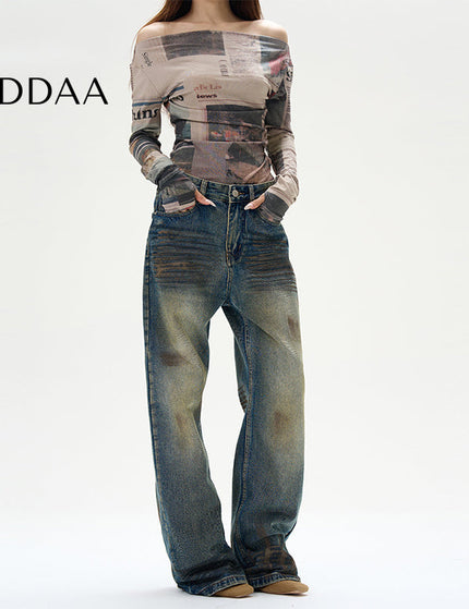 Blue Distressed Tie-Dye Straight Leg Jeans - XS / Vintage Blue - Women’s Jeans