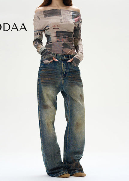 Blue Distressed Tie-Dye Straight Leg Jeans - XS / Vintage Blue - Women’s Jeans
