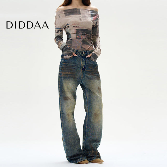 Blue Distressed Tie-Dye Straight Leg Jeans - XS / Vintage Blue - Women’s Jeans
