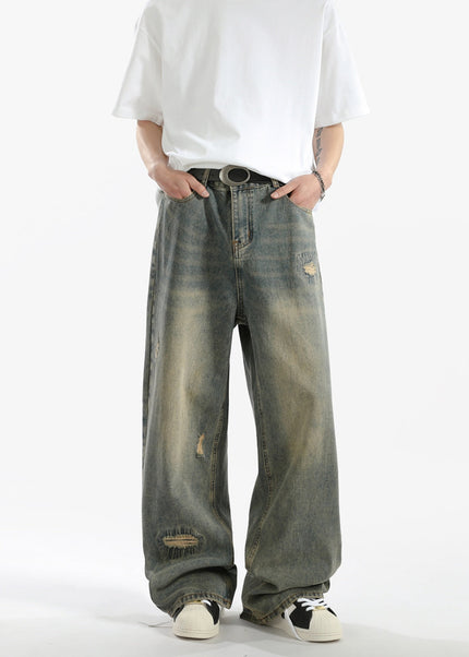 Blue Distressed Vintage Wash Wide-Leg Jeans for Men - Men’s Jeans