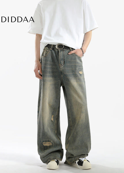 Blue Distressed Vintage Wash Wide-Leg Jeans for Men - Men’s Jeans