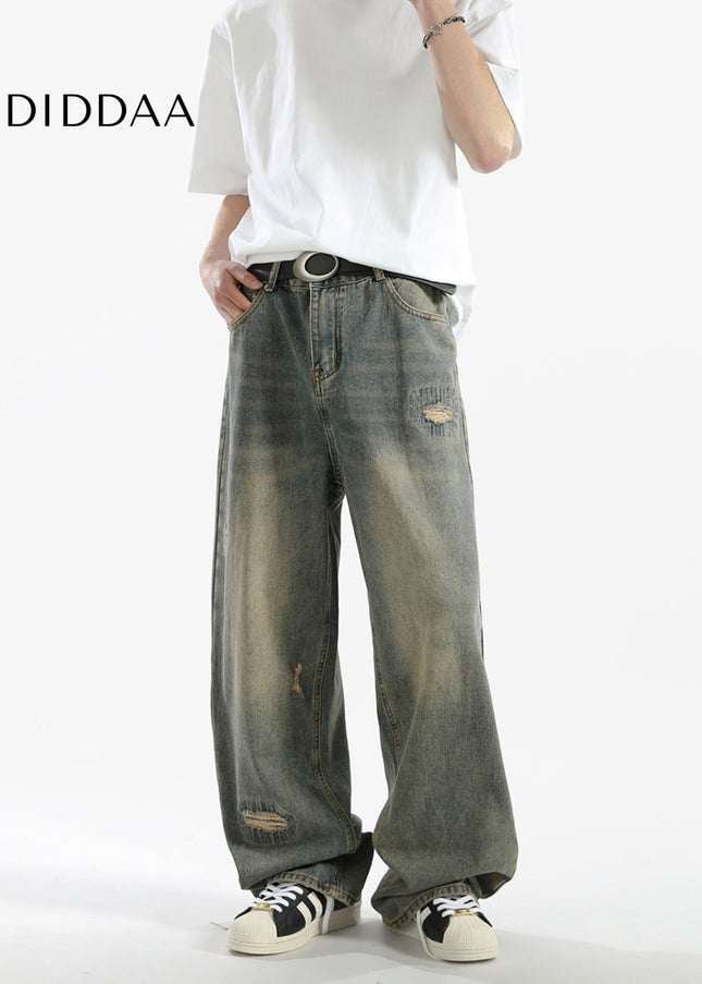 Blue Distressed Vintage Wash Wide-Leg Jeans for Men - Men’s Jeans