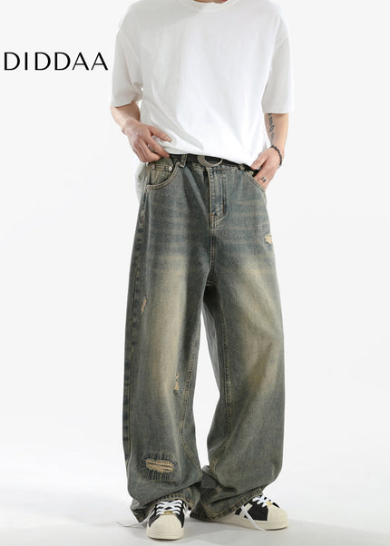 Blue Distressed Vintage Wash Wide-Leg Jeans for Men - Men’s Jeans