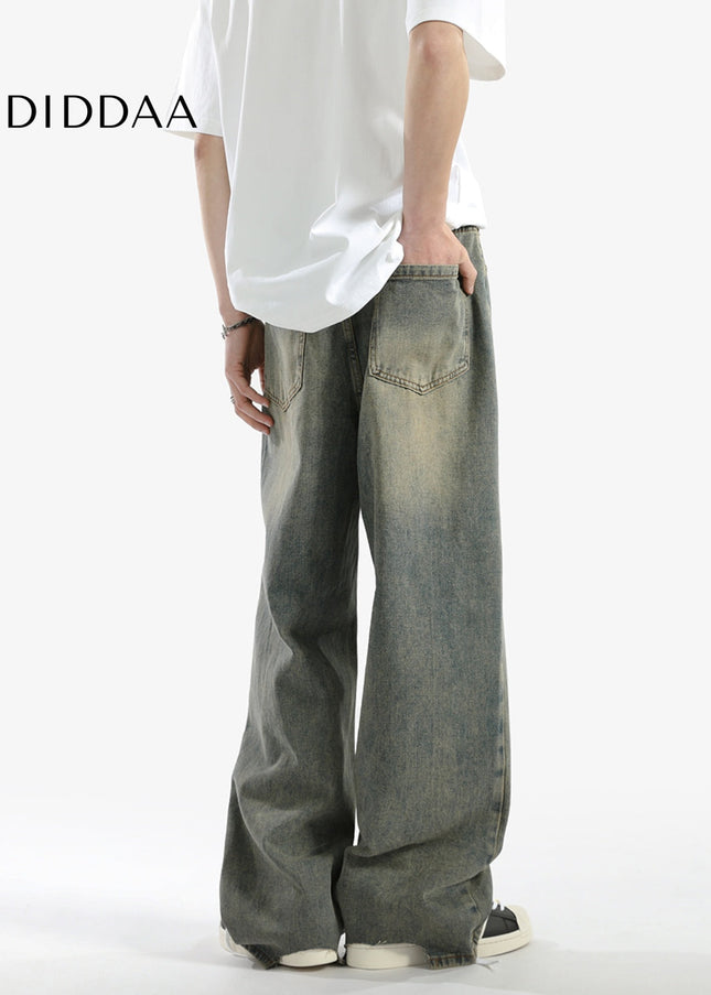 Blue Distressed Vintage Wash Wide-Leg Jeans for Men - Men’s Jeans