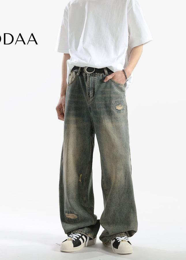 Blue Distressed Vintage Wash Wide-Leg Jeans for Men - S / Vintage Blue - Men’s Jeans