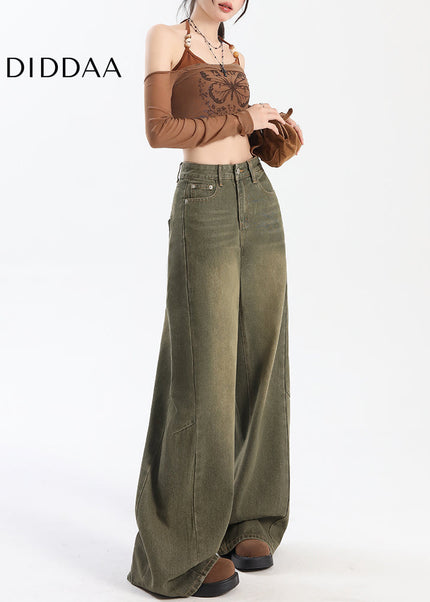 Blue Distressed Wide-Leg Jeans with Embroidery Design - Women’s Jeans