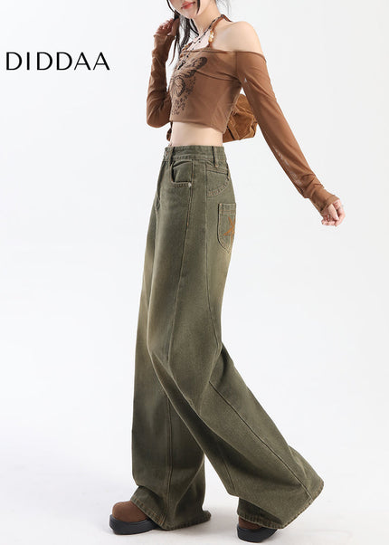 Blue Distressed Wide-Leg Jeans with Embroidery Design - Women’s Jeans