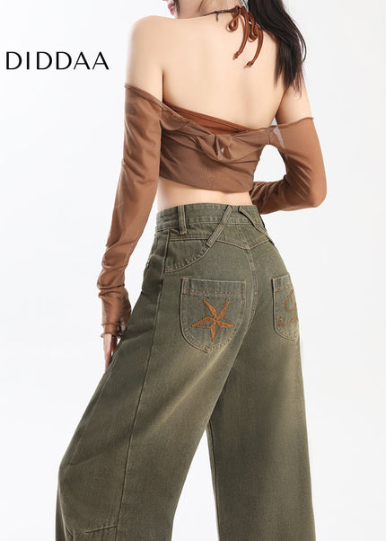 Blue Distressed Wide-Leg Jeans with Embroidery Design - Women’s Jeans