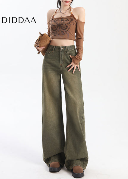 Blue Distressed Wide-Leg Jeans with Embroidery Design - Women’s Jeans