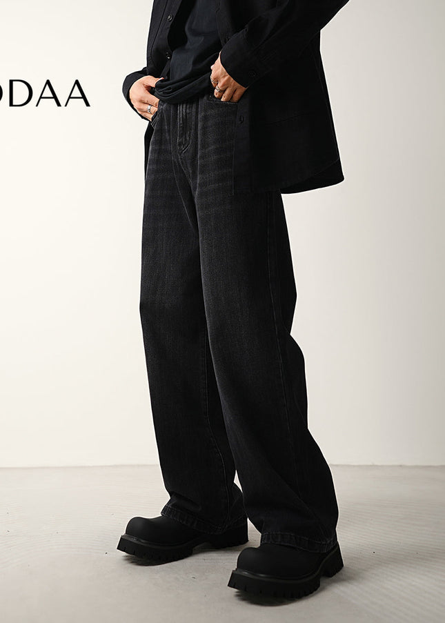 Blue Distressed Wide-Leg Jeans with Loose Fit for Men - 28 / Black - Men’s Jeans