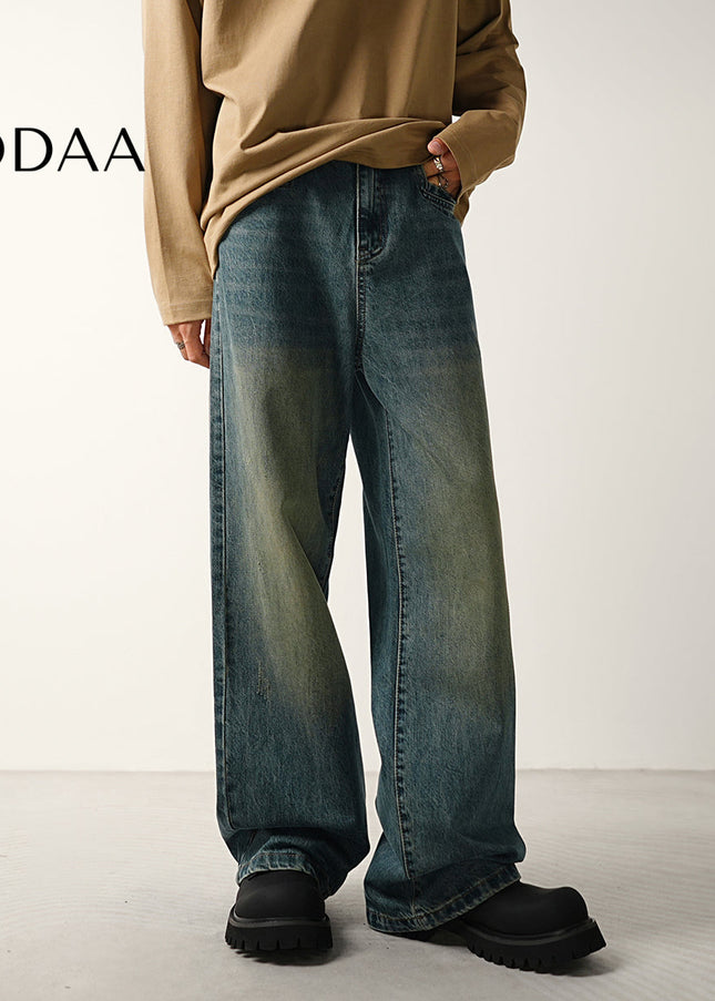 Blue Distressed Wide-Leg Jeans with Loose Fit for Men - 28 / Mid Blue - Men’s Jeans