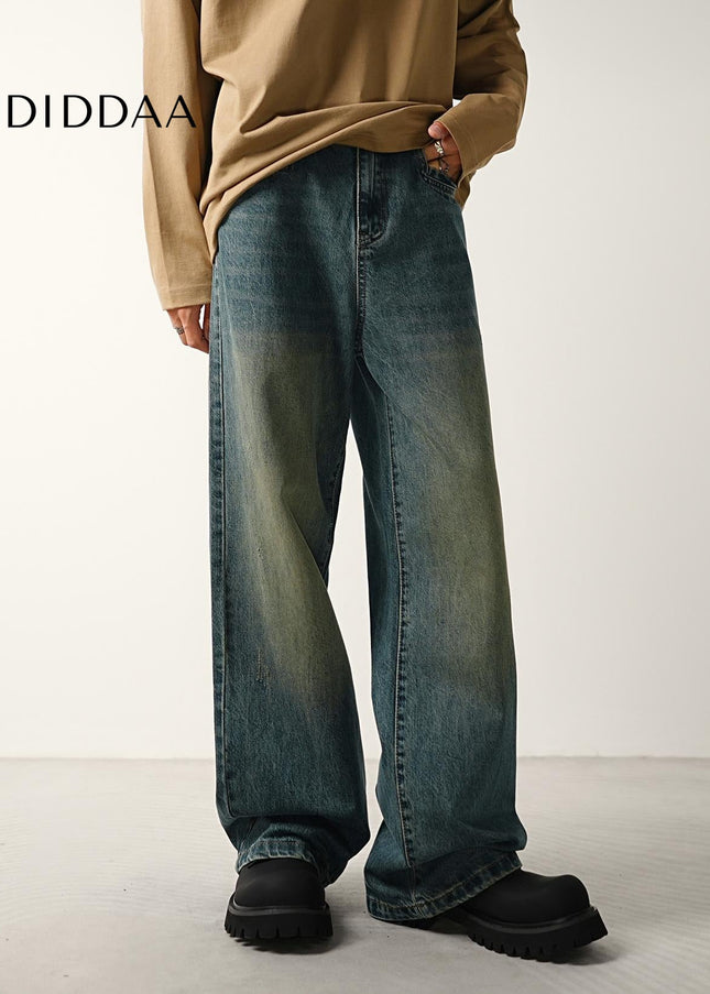 Blue Distressed Wide-Leg Jeans with Loose Fit for Men - Men’s Jeans