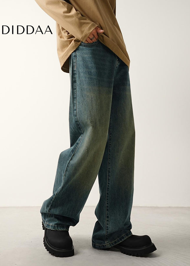 Blue Distressed Wide-Leg Jeans with Loose Fit for Men - Men’s Jeans
