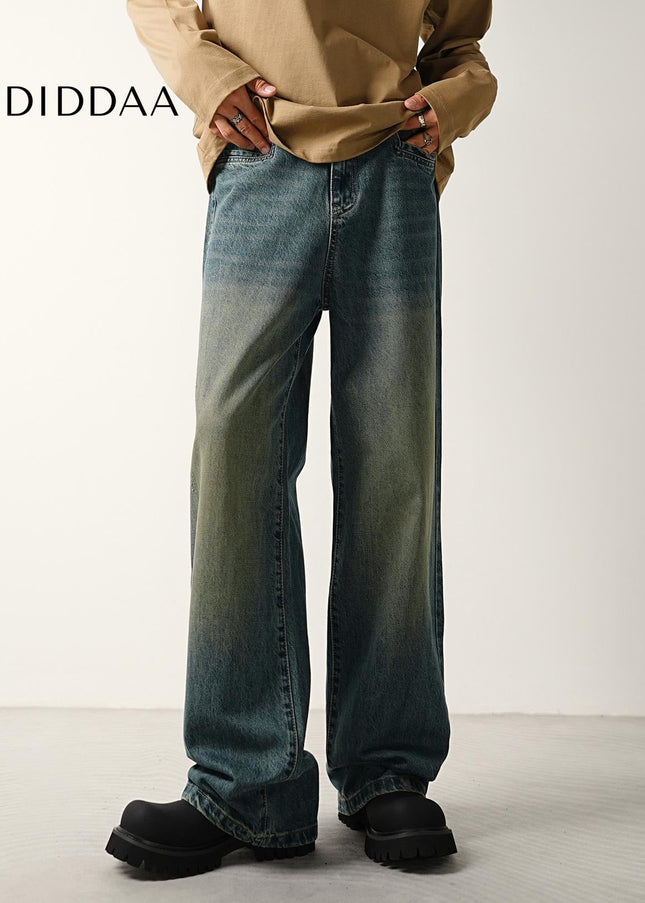 Blue Distressed Wide-Leg Jeans with Loose Fit for Men - Men’s Jeans