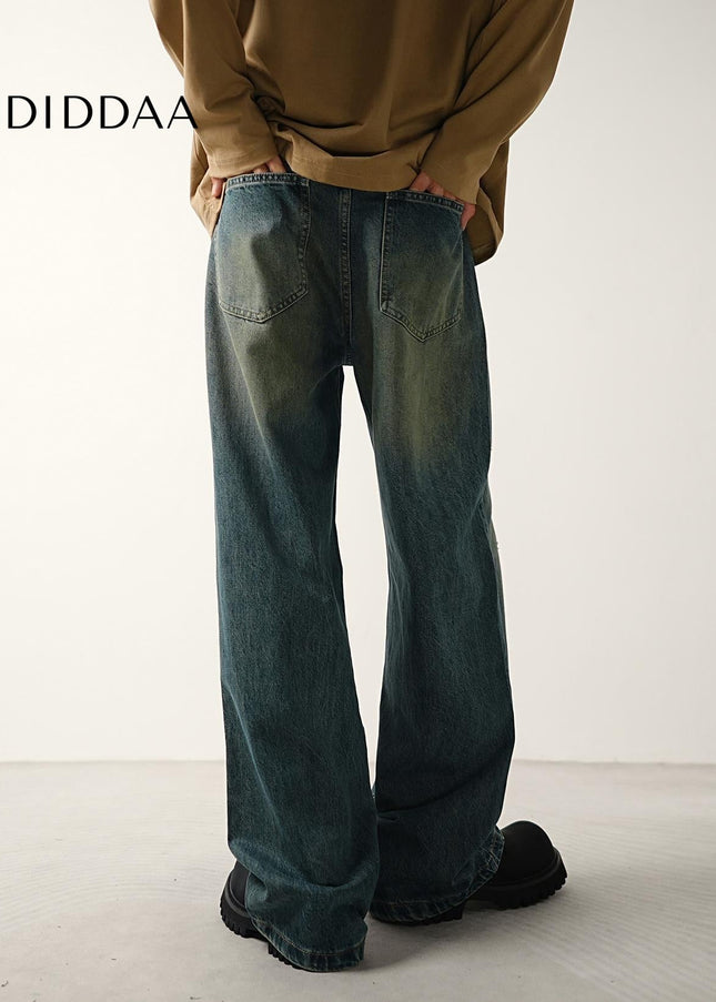 Blue Distressed Wide-Leg Jeans with Loose Fit for Men - Men’s Jeans