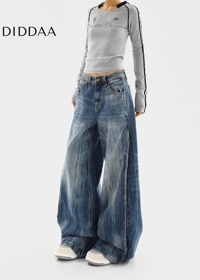 Blue Distressed Wide-Leg Jeans Women’s Casual Spring Pants - Women’s Jeans