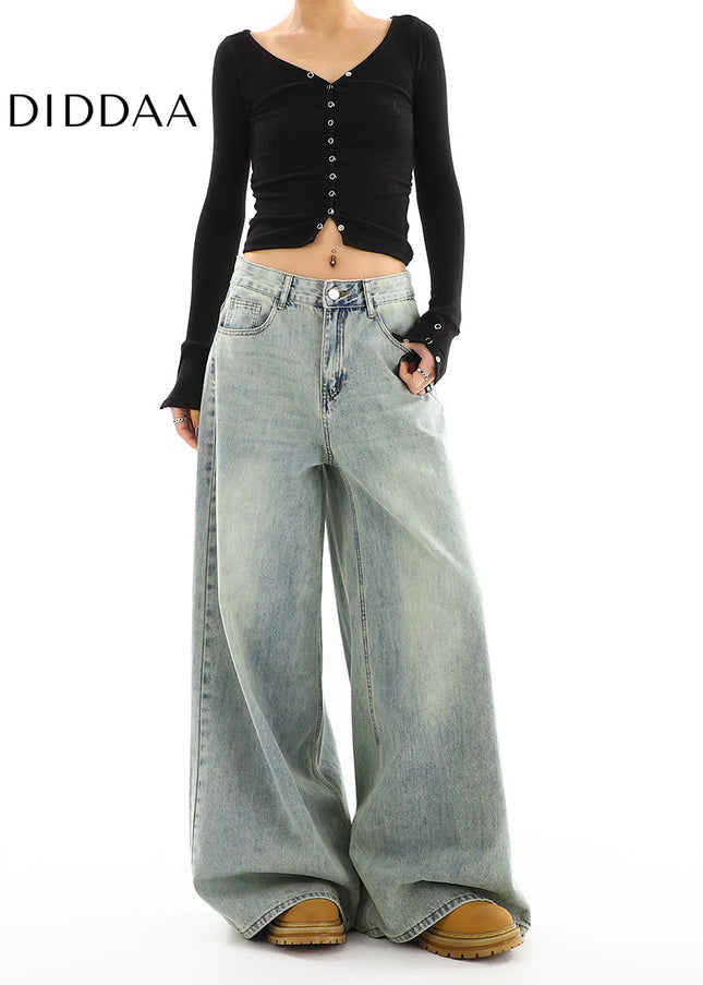 Blue Distressed Wide Leg Jeans Women’s Spring Fashion - Women’s Jeans