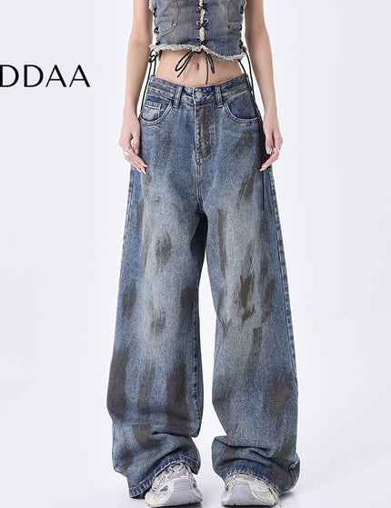Blue Distressed Wide-Leg Mop Pants KEN STUDIO Retro Jeans - S / Mid Blue - Women’s Jeans