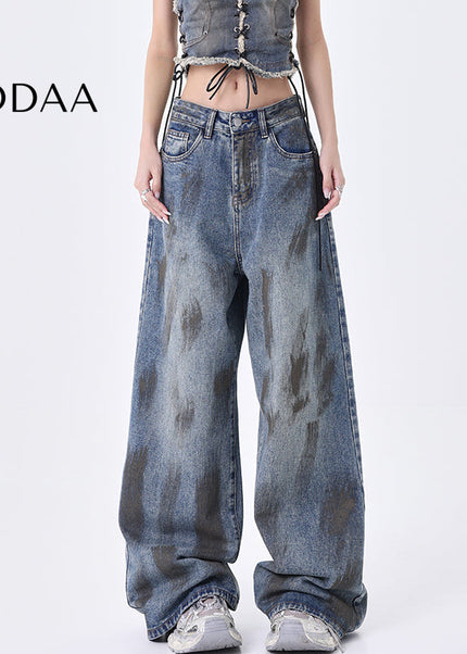 Blue Distressed Wide-Leg Mop Pants KEN STUDIO Retro Jeans - S / Mid Blue - Women’s Jeans