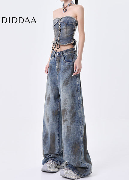 Blue Distressed Wide-Leg Mop Pants KEN STUDIO Retro Jeans - Women’s Jeans