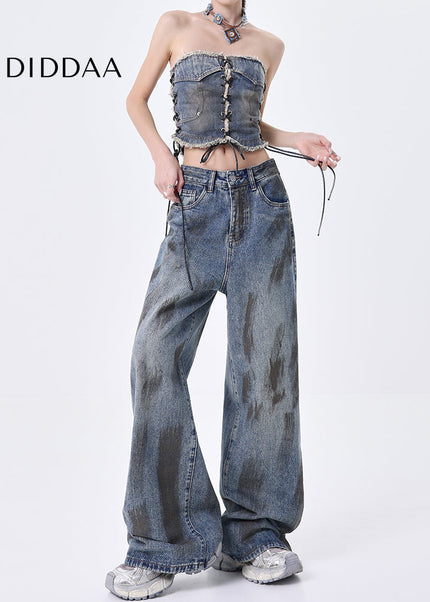 Blue Distressed Wide-Leg Mop Pants KEN STUDIO Retro Jeans - Women’s Jeans