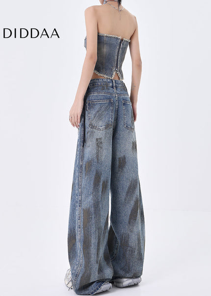 Blue Distressed Wide-Leg Mop Pants KEN STUDIO Retro Jeans - Women’s Jeans