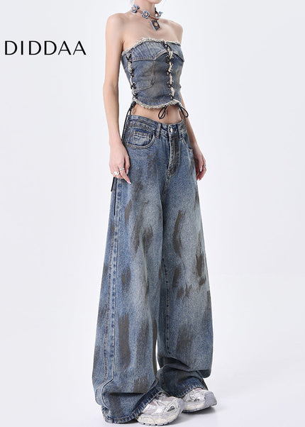 Blue Distressed Wide-Leg Mop Pants KEN STUDIO Retro Jeans - Women’s Jeans