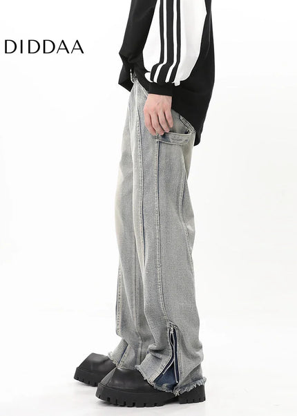 Blue Distressed Zip Straight Bootcut Vintage Jeans - Men’s Jeans