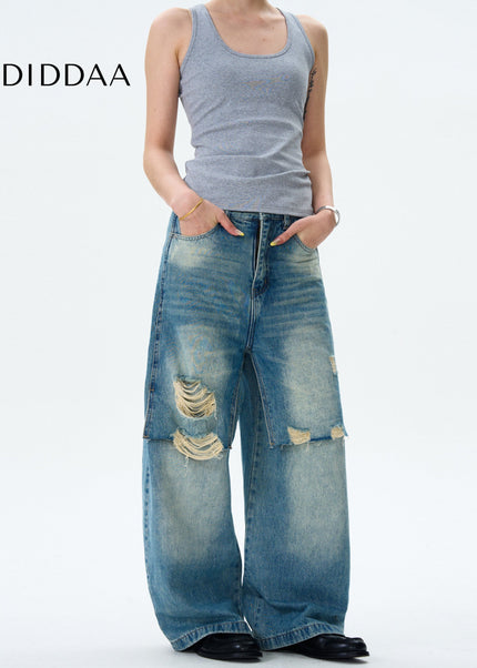 Blue Double Patch Ripped Jeans for Men and Women - Men’s Jeans