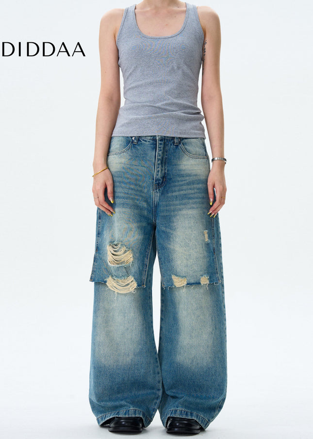 Blue Double Patch Ripped Jeans for Men and Women - Men’s Jeans