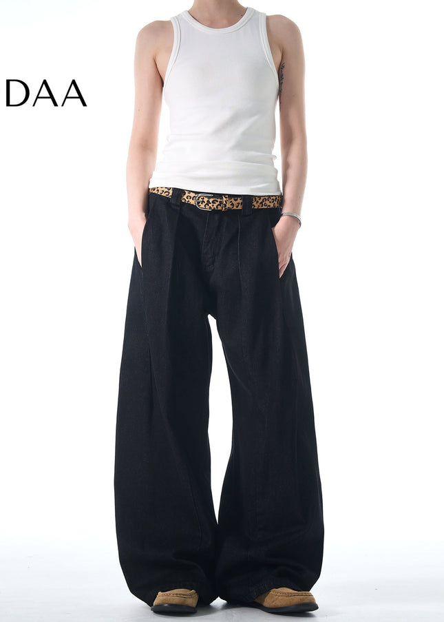 Blue Double Pleated Loose Fit Denim Jeans - S / Black - Men’s Jeans