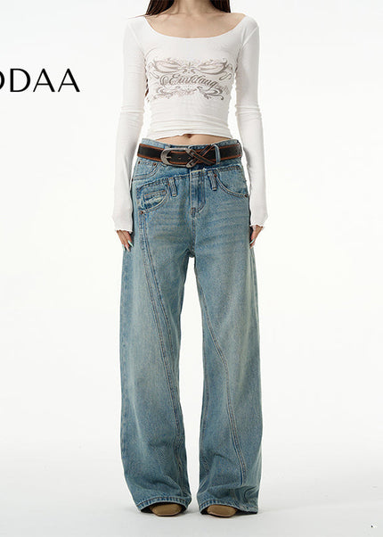 Blue Double Waist Niche Jeans for Men’s High-End Style - S / Mid Blue - Women’s Jeans