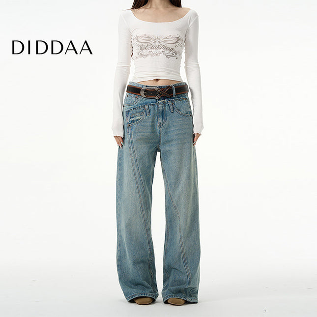 Blue Double Waist Niche Jeans for Men’s High-End Style - S / Mid Blue - Women’s Jeans