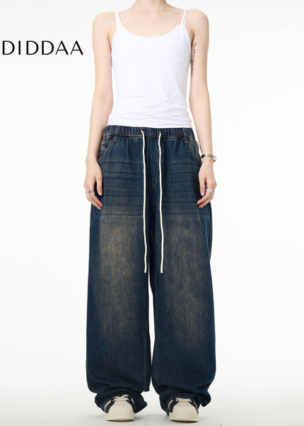 Blue Elastic Drawstring Straight Leg Jeans Men - Men’s Jeans