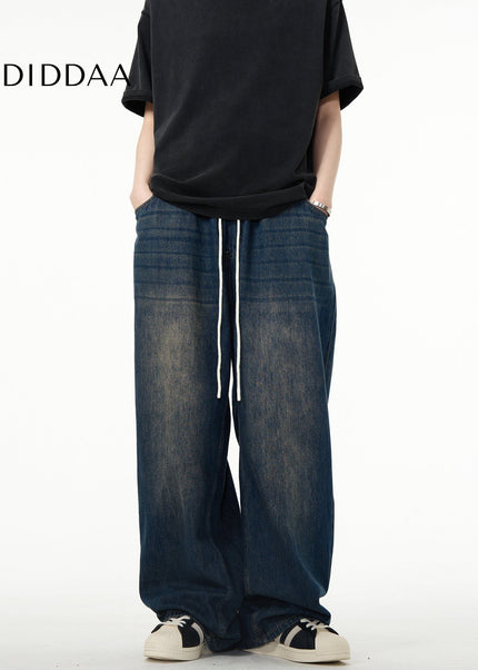 Blue Elastic Drawstring Straight Leg Jeans Men - Men’s Jeans