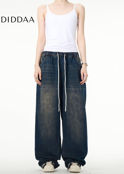 Blue Elastic Drawstring Straight Leg Jeans Men - Men’s Jeans