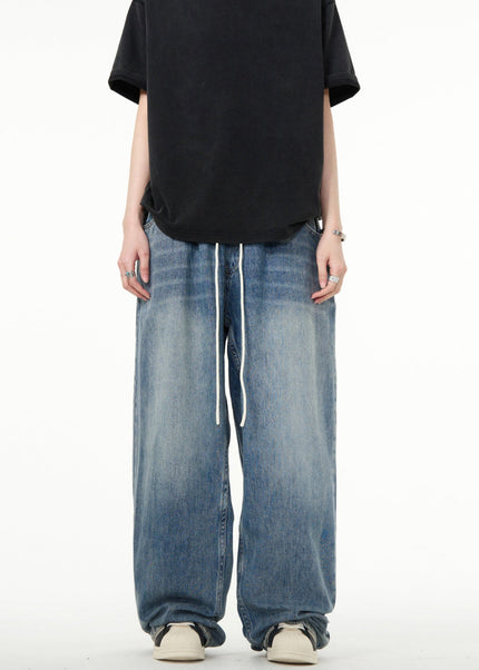 Blue Elastic Drawstring Straight Leg Jeans Men - Men’s Jeans