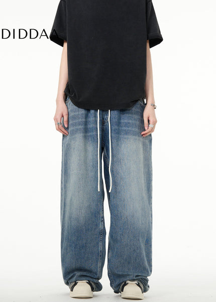 Blue Elastic Drawstring Straight Leg Jeans Men - Men’s Jeans