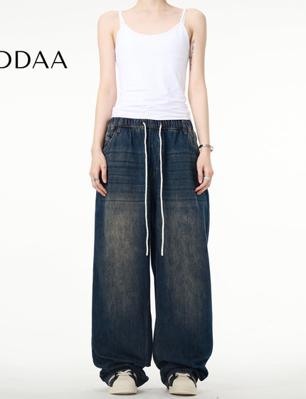 Blue Elastic Drawstring Straight Leg Jeans Men - S / Dark Blue - Men’s Jeans