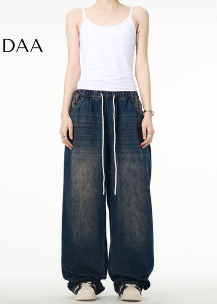 Blue Elastic Drawstring Straight Leg Jeans Men - S / Dark Blue - Men’s Jeans