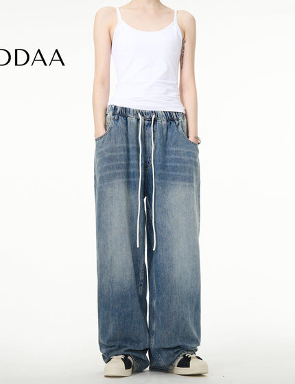 Blue Elastic Drawstring Straight Leg Jeans Men - S / Mid Blue - Men’s Jeans