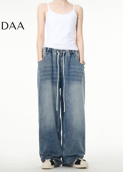 Blue Elastic Drawstring Straight Leg Jeans Men - S / Mid Blue - Men’s Jeans