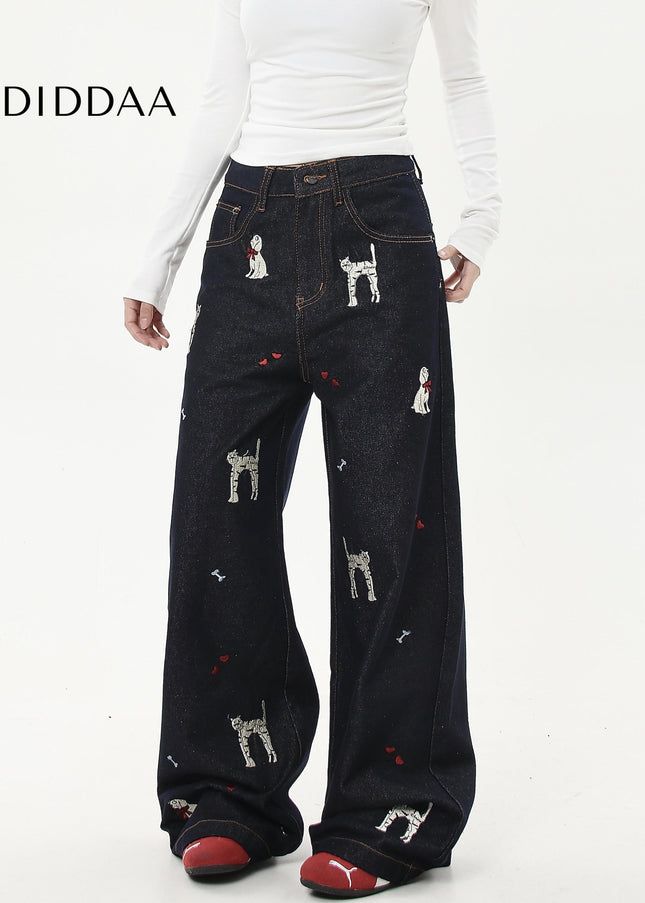 Blue Embroidered Cat Puppy Loose Leg Jeans for All - Women’s Jeans