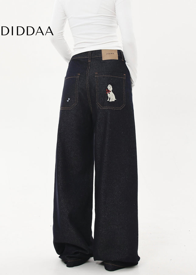 Blue Embroidered Cat Puppy Loose Leg Jeans for All - Women’s Jeans